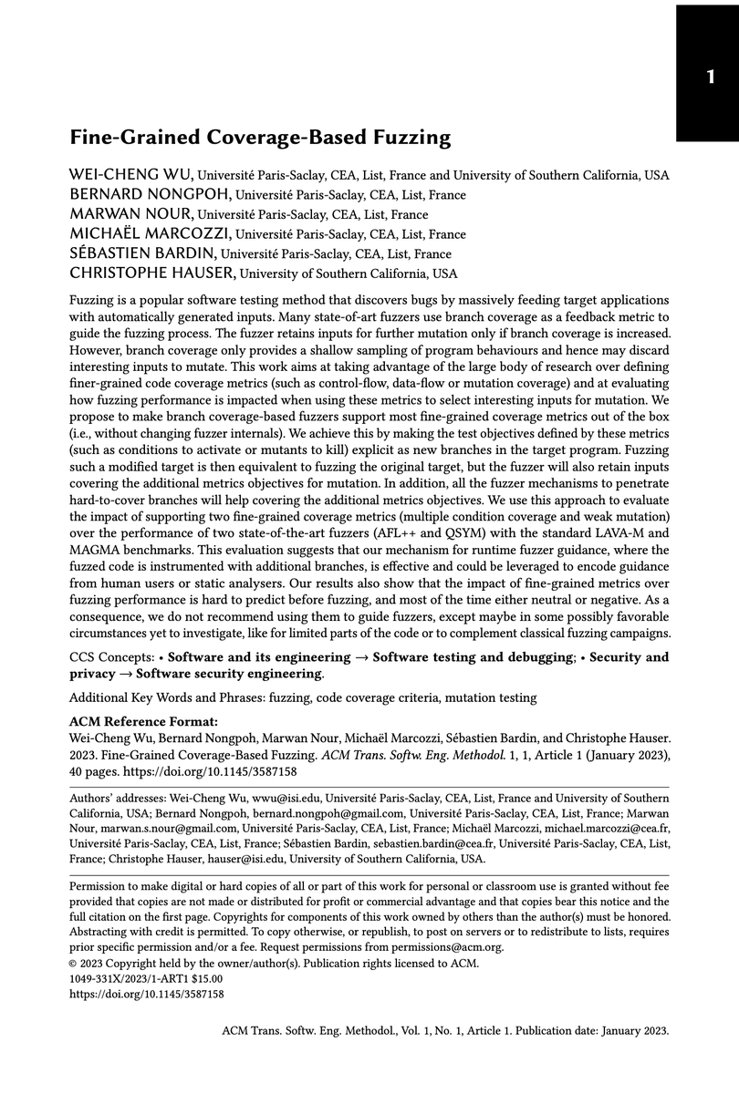 BinsecTool's tweet photo. Are fuzzers guided enough❓ 
▶️ Do they keep enough seeds, as not all interesting inputs improve branch coverage?
▶️ How to provide finer-grained guidance without changing all fuzzers?

Our @acm_tosem paper on finer-grained fuzzing is now at https://t.co/G0WqiUmA4u

A thread ⬇️ https://t.co/Yd9JNqzslD