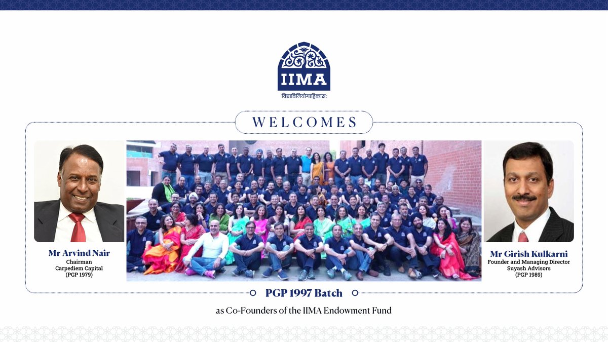 IIMAhmedabad's tweet photo. IIMA’s alumni contribute back to their alma mater through IIMA Endowment Fund (#IIMAEF).
We welcome Mr Arvind Nair, Chairman at @carpediemcptl (PGP 1979); Mr Girish Kulkarni, Founder &amp; Managing Director of Suyash Advisors (PGP 1989); and PGP 1997 batch as Co-Founders of IIMAEF. https://t.co/jTdNWrUUcy