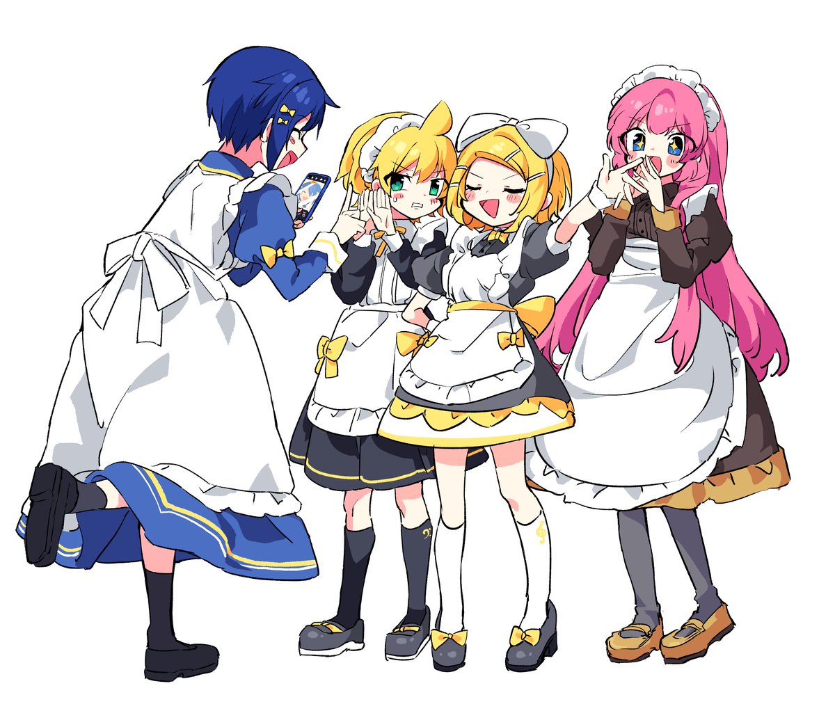 kagamine len ,kagamine rin ,kaito (vocaloid) ,megurine luka multiple girls pink hair maid maid headdress blonde hair dress 2boys  illustration images