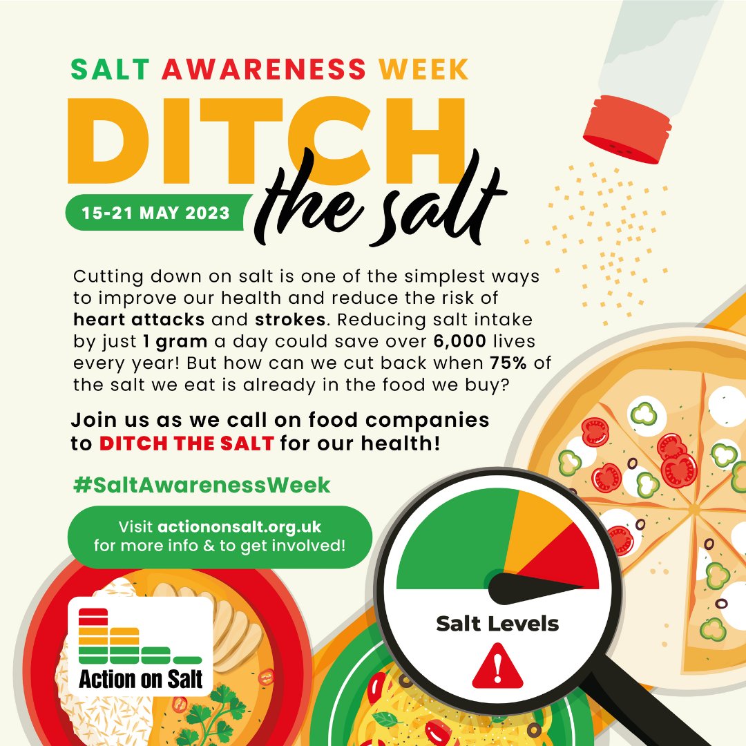 This week is #SaltAwarenessWeek

⬇️🧂 intake ⬇️ risk of stroke & heart attack

Salt is hidden in many packaged foods including bread, sauces, biscuits, cakes & takeaway meals

🚦Check food labels on packaging, choosing 'green' where possible