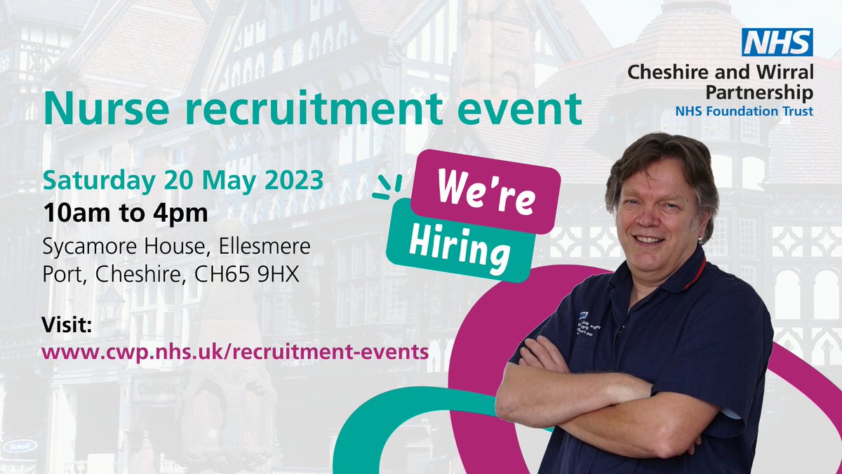 Cheshire and Wirral Partnership NHS FT (@cwpnhs) on Twitter photo **NURSE RECRUITMENT EVENT**
🗓️20 May📍Ellesmere Port🕙10am-4pm
Recruiting for roles in mental health and learning disability inpatients, community nursing and <a href="/StartingWellCWP/">Starting Well</a>. Open to qualified, student and return-to-practice nurses.
Visit: cwp.nhs.uk/recruitment-ev… **NURSE RECRUITMENT EVENT**
🗓️20 May📍Ellesmere Port🕙10am-4pm
Recruiting for roles in mental health and learning disability inpatients, community nursing and <a href="/StartingWellCWP/">Starting Well</a>. Open to qualified, student and return-to-practice nurses.
Visit: cwp.nhs.uk/recruitment-ev…
