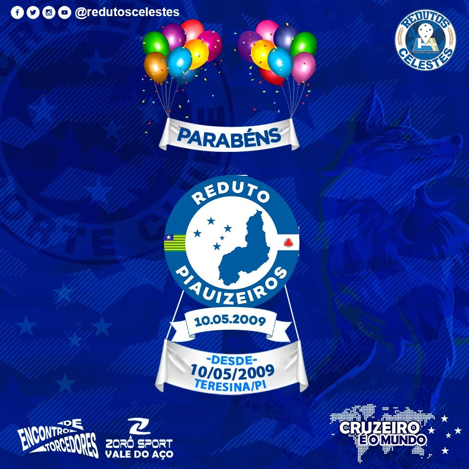 RedutosCelestes's tweet photo. Hoje o Reduto @PiauiZeiros completa 14 anos. Parabéns e muito obrigado por representar o @Cruzeiro em Teresina/PI🎂🎊🎉 🔵⚪🦊

#RedutosCelestes #Cruzeiro 
#RedutoPiauizeiros14Anos
#Teresina #Piauí #CruzeiroÉOMundo https://t.co/eI8ompcApZ