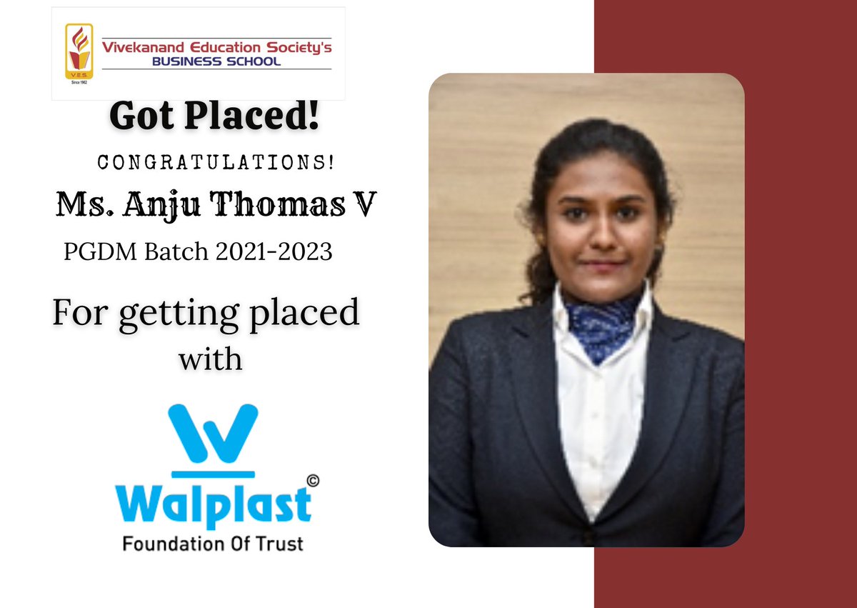 Success Story!!
VBS enthusiastically congratulates Ms Anju Thomas V (Batch 2021-23) for his placement with ‘Walplast’ Best Wishes for a Happy and Successful future.

#VBS #vbsplacements #PGDMplacements #placements2023 #MBA #MBAplacements #vivekanandcollege #vbspgdm #MBAcollege