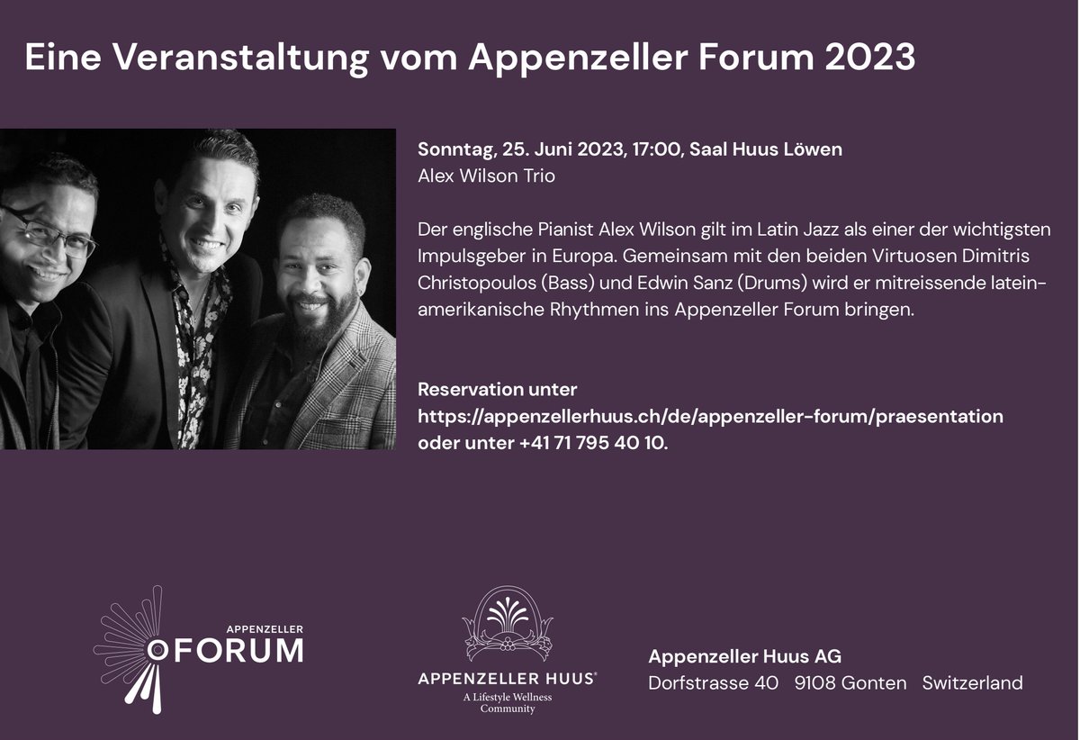 A chance to hear my latin jazz trio with
<a href="/esanzoficial/">Edwin Sanz</a>
and Dimitris Christopoulos in Gonten, Switzerland on the 25th June - click here for tickets!  appenzell.ch/en/footer/news…