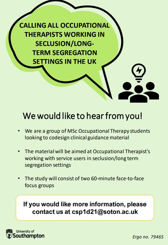 OTs in Seclusion Soton (@otsinseclusion) on Twitter photo Are you an OT who has experience working with clients in seclusion or long term segregation?
We would love to hear from you! 📢
Please see the information below and contact us on csp1d21@soton.ac.uk
#occupationaltherapy #mentalhealthot #ot Are you an OT who has experience working with clients in seclusion or long term segregation?
We would love to hear from you! 📢
Please see the information below and contact us on csp1d21@soton.ac.uk
#occupationaltherapy #mentalhealthot #ot