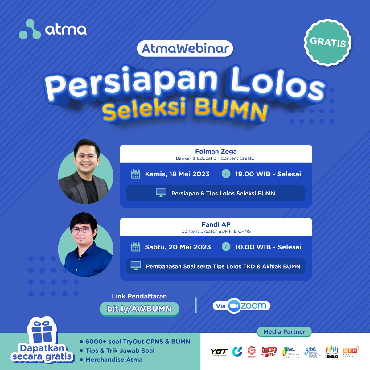 atmaindonesia's tweet photo. Besok pendaftaran rekrutmen bersama BUMN bakalan dibuka nihhh... udah pada siap belum???

Nah, yang mau tau kisi-kisi soal BUMN, sini merapaaatt!!! 🤗🤗🤗

Daftar ikutan #AtmaWebinar GRATIS disini: https://t.co/zYY3lB6cAU https://t.co/Xbls4zaWz1