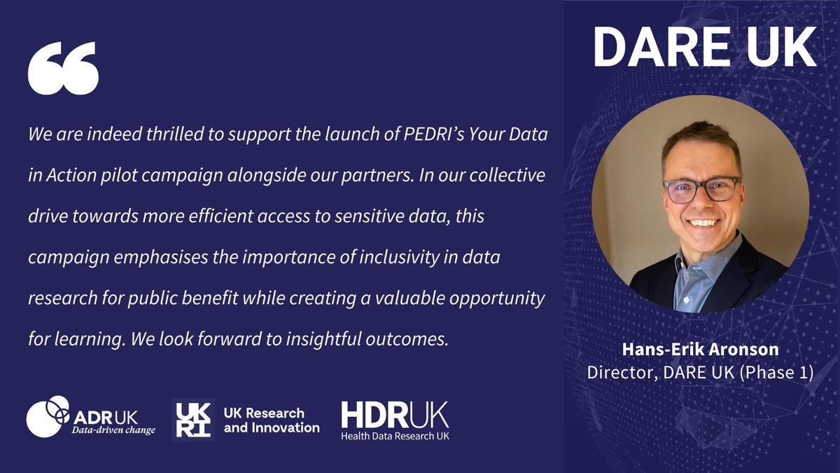 #DAREUK is proud to join hands with our incredible partners to support Your Data in Action, PEDRI's pilot public health campaign.

Together, we're championing inclusive data research for public benefit and paving the way for more efficient access to sensitive data. 

#DataForGood