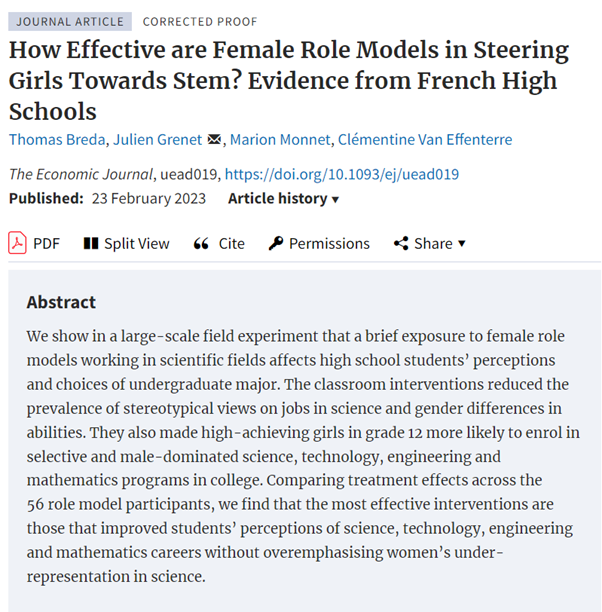 Forthcoming at EJ: ‘How Effective are Female Role Models in Steering Girls Towards Stem? Evidence from French High Schools’ by T Breda, J Grenet, M Monnet, C Van Effenterre doi.org/10.1093/ej/uea… @PSEinfo @IPPinfo @econuoft @IreduBourgogne @RoyalEconSoc #EconTwitter #WomenInSTEM