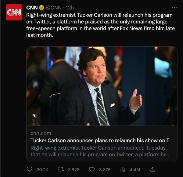 super_spreaders's tweet photo. #LeftWingExtremist @CNN think they're at the forefront of some kind of social revolution—stickin' it to the MAN! But no one's watching. We are all learning to recognise the #hatebait. @TuckerCarlson's launch video on Twitter will get more views than you had last month. https://t.co/TTosQ6czXT
