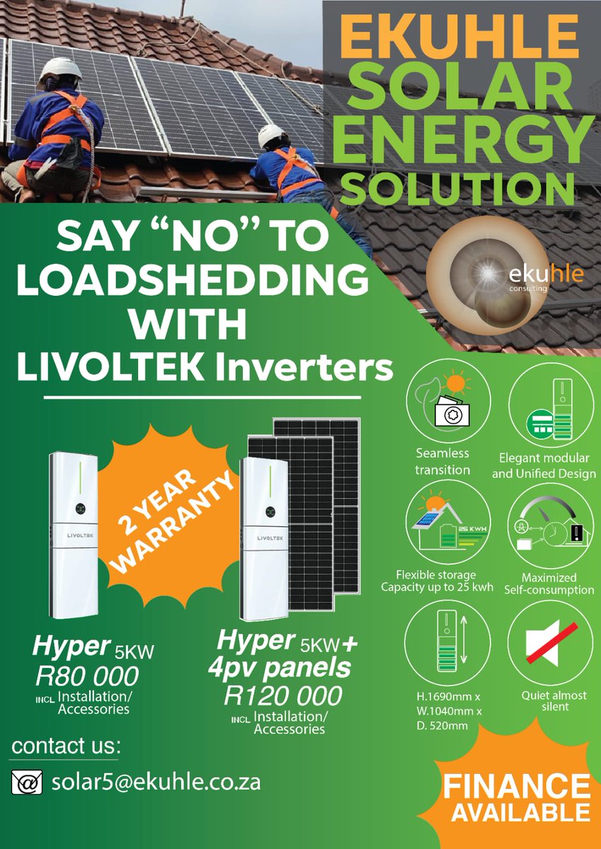 Music_Intrusion's tweet photo. #SolarEnergySolution
Seamless transition
Elegant modular and Unified Design
Flexible storage capacity up to 25 kwh
Maximized Self-consumption
NO NOISE!!
FINANCE AVAILABLE
Email: solar5@ekuhle.co.za https://t.co/tvjrnN3BBI