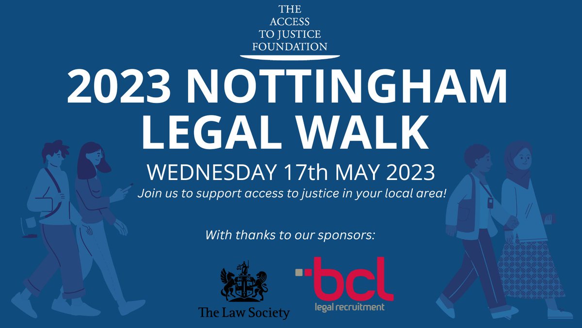 NottsLawSociety's tweet photo. Next week (Wed 17th May) Nottingham will be taking part in the Legal Walk, have you registered your walking team yet?
To find out more, visit:  https://t.co/W6Y1S7wM1Q
Join us in raising money for @Access2JusticeF!
Thank you to @BCLLegal  for sponsoring the end of walk drinks! https://t.co/7Mjhn52f7Q