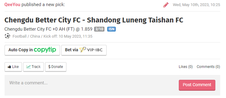 QeeYouBet's tweet photo. China Super League🇨🇳

⚽️Chengdu Better City FC - Shandong Luneng Taishan FC

Pick : Chengdu DNB (Remboursé si match N)

Mise : 1%

Dispo en arjel  

Un maximum de #RT🔁#FAV❤️pour soutenir et si vous suivez.     

#TeamParieur https://t.co/4pmmEIMKbe
