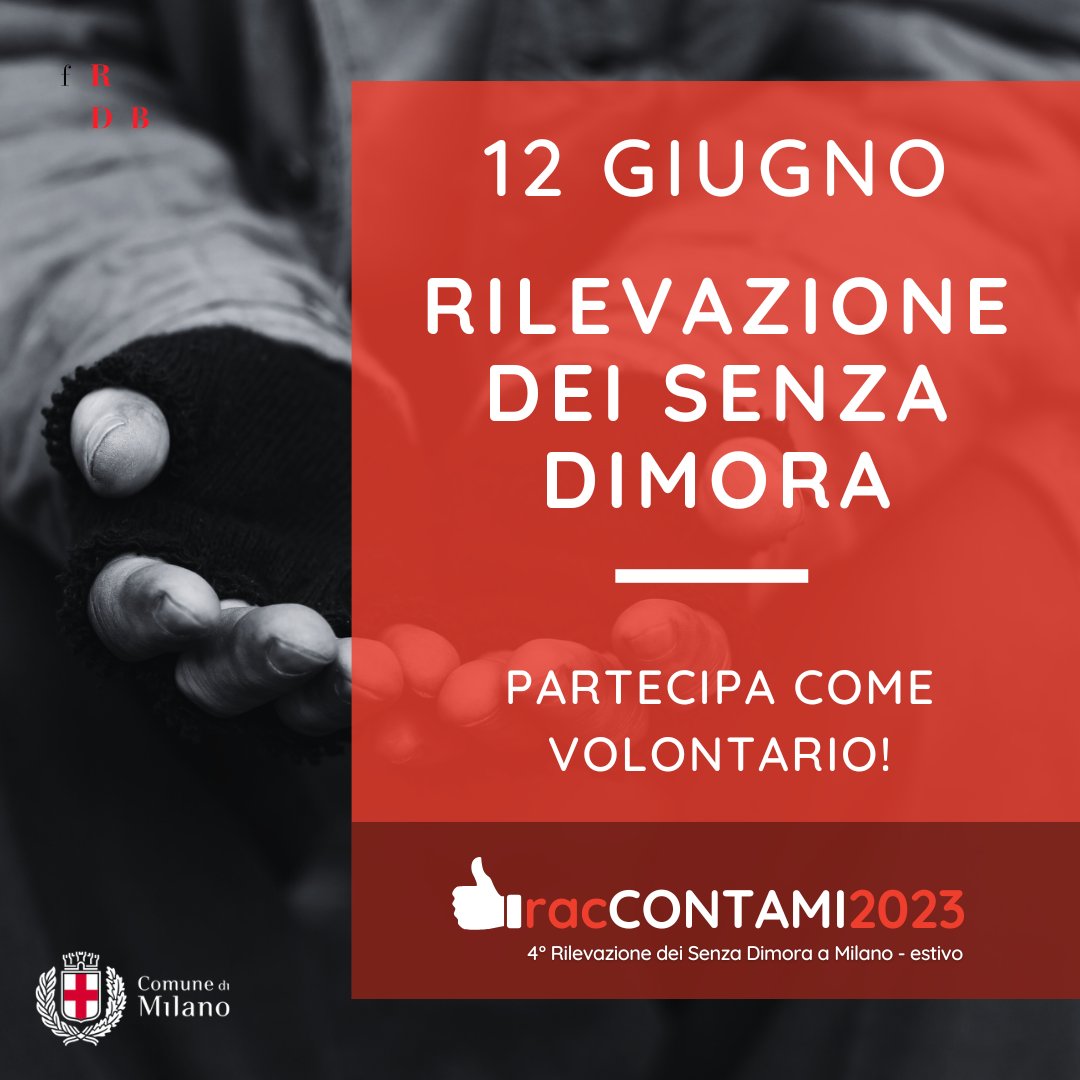 📢Torna RacCCONTAMI2023, la rilevazione sui senza dimora presenti a #Milano che si terrà il 12 e il 13 giugno. 

🤲Scopri come partecipare all'iniziativa come volontario. 

ℹ️ Vai al sito: tinyurl.com/eh8h5rp5