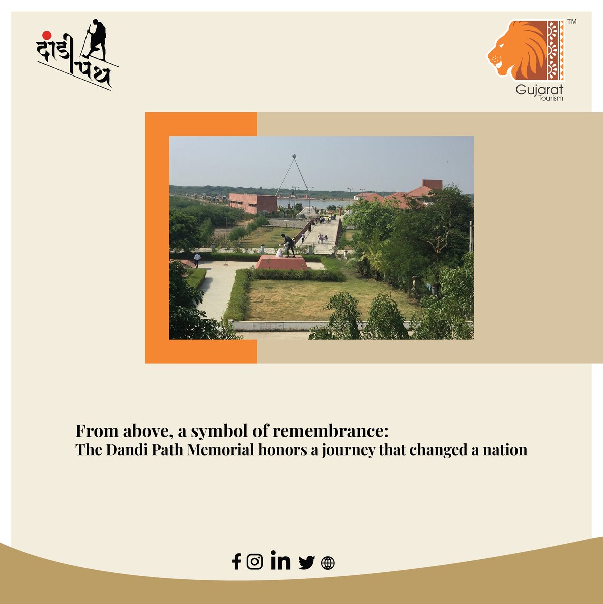 DandiPath's tweet photo. From above, the Dandi Path memorial stands as a symbol of remembrance for a journey that changed the course of India's history. Let us pay tribute to the incredible courage and sacrifice of the marchers who led the way towards a brighter future. https://t.co/tiv0QUBSgk