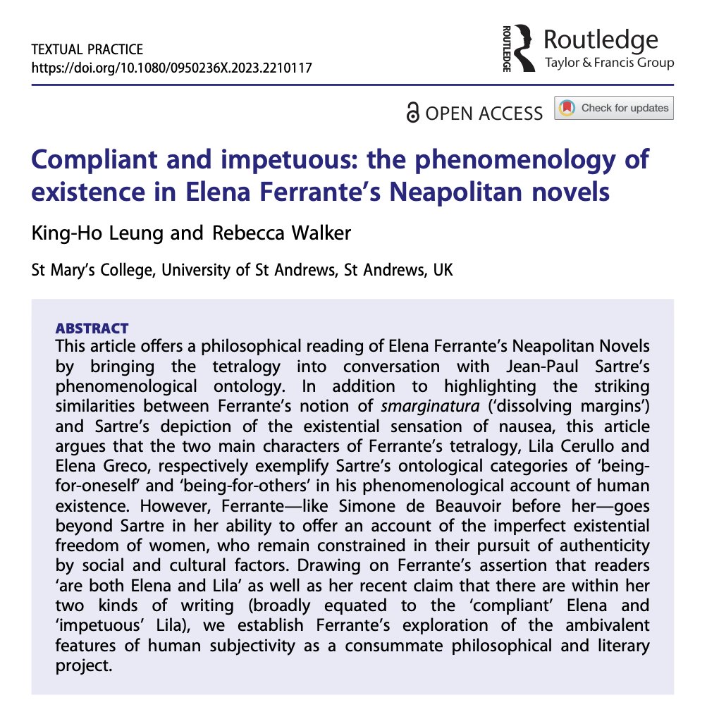 kingholeung's tweet photo. Very pleased to see this new article on Elena Ferrante and existential phenomenology I co-authored with @becky3105 out in #TextualPractice! https://t.co/tVOA7bwTJQ
