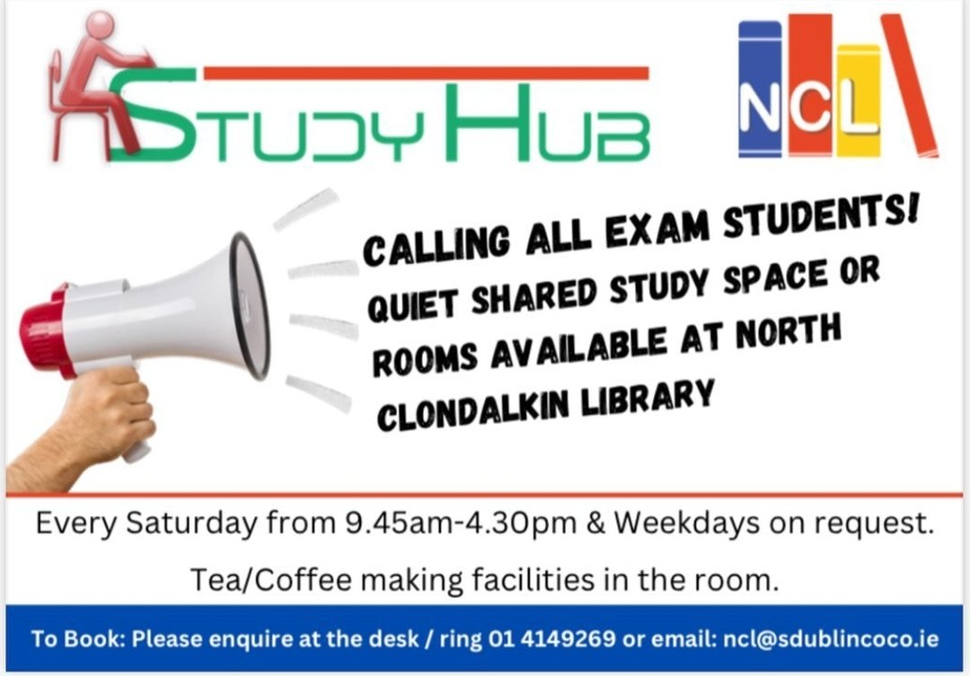 North Clondalkin Library has rooms available for study. Please see the information below @SDCClibraries #StudyHub #JuniorCycle #JuniorCert #LeavingCert #Exams #Study #StudySpace 📚📖📝
