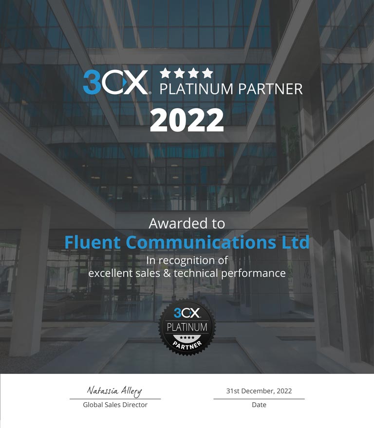 fluenttelecoms's tweet photo. Fluent is proud to announce that we have again been awarded the prestigious #PlatinumPartner status from @3CX, in recognition of our excellent sales and technical performance for 2022 🎉 https://t.co/5Sz4FJoJZE