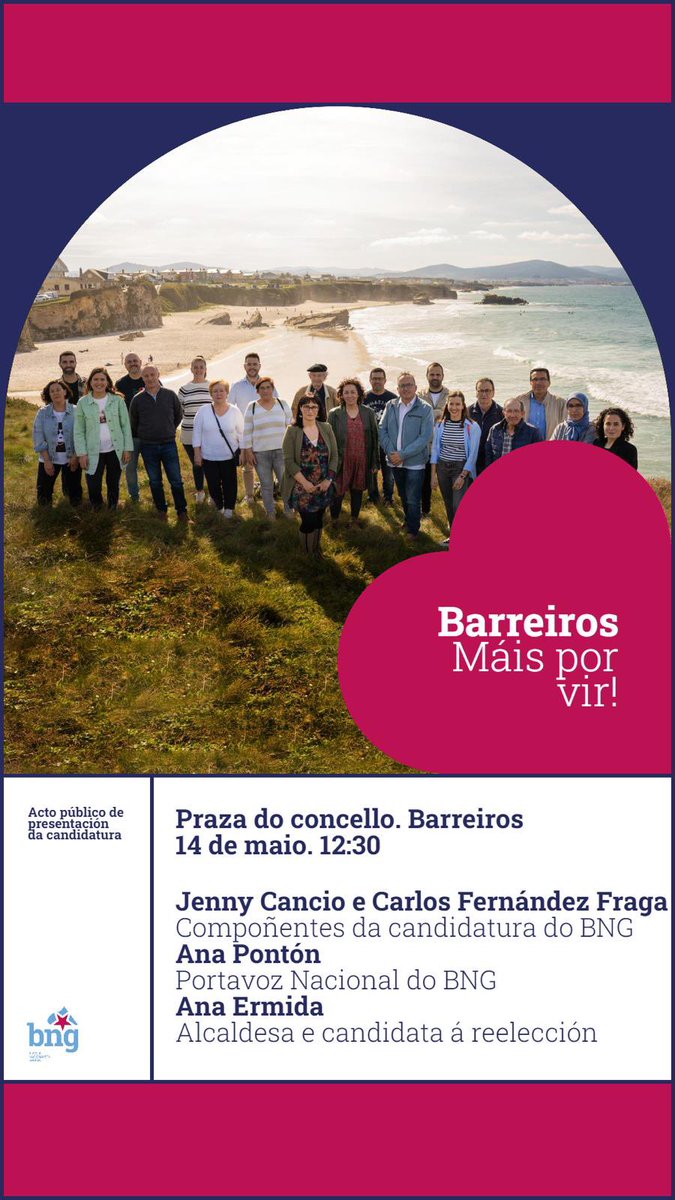 ‼️Acto central en Barreiros ‼️

▶️ O vindeiro domingo 14, ás 12:30, terá lugar o acto central da campaña de Barreiros, onde presentarán a candidatura e recibirán á Portavoz Nacional, Ana Pontón. Ademais, falarán integrantes da candidatura e pechará o acto a alcaldesa Ana Ermida.
