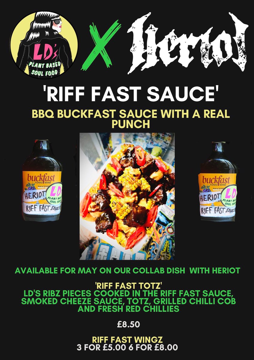 *** RIFF FAST ***
We are pumped to announce a special LD'S KITCHEN x HERIOT collab dish which will be available for the rest of the month here at The Black Heart in honour of the band's sold out show tonight ! Get along and try it ! <a href="/heriotmetal/">HERIOT</a> #vegan #buckfastbbqsauce