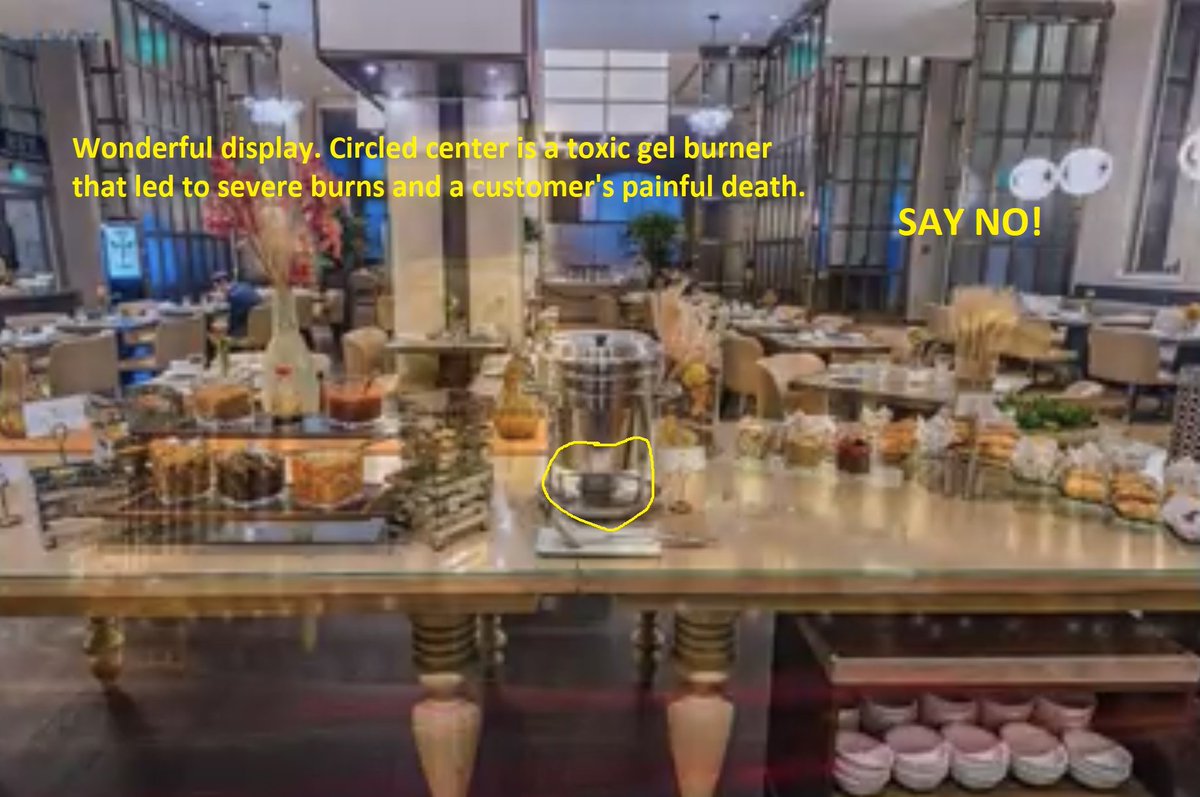 waves_miami's tweet photo. Another #toxic #sterno #buffet display. These products are #dangerous. Use gloves, goggles, protection, do not breathe the #vapor. #burns! Read the #SDS Stay far away and do NOT let #children near. @MarriottIntl @MarriottBonvoy @Accor @IHGCorporate @HiltonHotels @WyndhamHotels https://t.co/vsNBOSlZk3