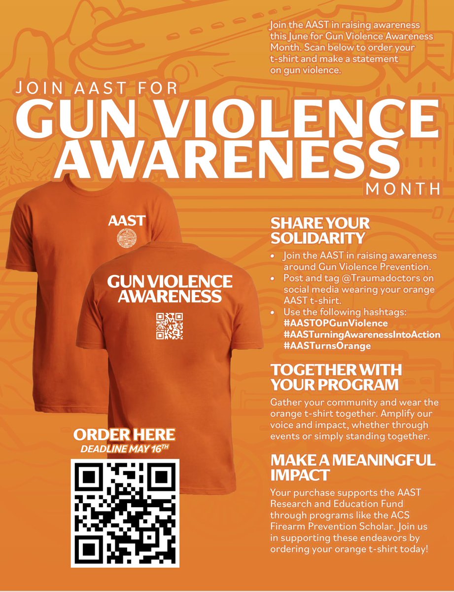 June is National Gun Violence Awareness Month.

Join <a href="/traumadoctors/">AAST</a> in bringing your community together to highlight one the most important public health problems of modern time! #WearOrange 

🟧 bit.ly/AASTWearOrange