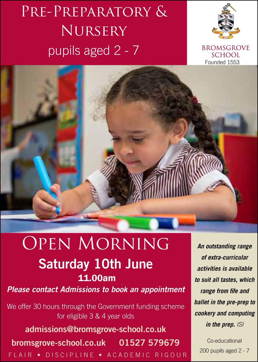 Bromsgrove Pre-Prep & Nursery (@bromspreprep) on Twitter photo An outstanding start awaits at Bromsgrove Pre-Preparatory & Nursery School. Book your place at our next #OpenMorning, taking place on Saturday, 10th June 2023. Entry into Nursery (2+), Reception, Year 1 and Year 2.
📧 admissions@bromsgrove-school.co.uk
☎️ 01527 579679 An outstanding start awaits at Bromsgrove Pre-Preparatory & Nursery School. Book your place at our next #OpenMorning, taking place on Saturday, 10th June 2023. Entry into Nursery (2+), Reception, Year 1 and Year 2.
📧 admissions@bromsgrove-school.co.uk
☎️ 01527 579679