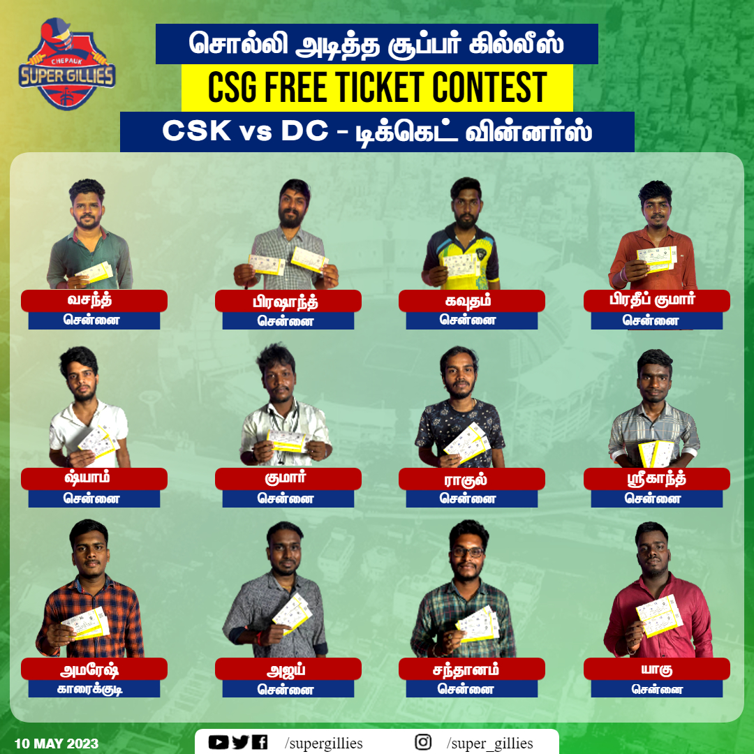 supergillies's tweet photo. சேப்பாக் சூப்பர் கில்லீஸ் அணி நடத்திய போட்டியின் வின்னர்ஸ்
*சேப்பாக் மைதானத்தில் இன்று CSK vs DC போட்டியை நேரில் கண்டு ரசிக்கும் ரசிகர்கள்
#CSKvsDC #IPL2023 #Chepaukstadium #CSGGamePrediction #CSG #supergilles #ThanthiTV https://t.co/QITaKhtWUD