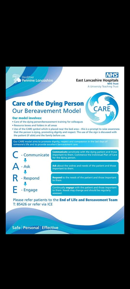 ELHT End Of Life and Bereavement Team (@elht_eolb_team) on Twitter photo Dying Matters Awareness Week π
As a trust everyone has been really proactive when engaging with patients at the end of their life and supporting those important to them. Below is information on the trust CARE model that is being promoted by the trust.
<a href="/ELHT_NHS/">East Lancashire Hospitals NHS Trust π</a> <a href="/DyingMatters/">Dying Matters</a> Dying Matters Awareness Week π
As a trust everyone has been really proactive when engaging with patients at the end of their life and supporting those important to them. Below is information on the trust CARE model that is being promoted by the trust.
<a href="/ELHT_NHS/">East Lancashire Hospitals NHS Trust π</a> <a href="/DyingMatters/">Dying Matters</a>