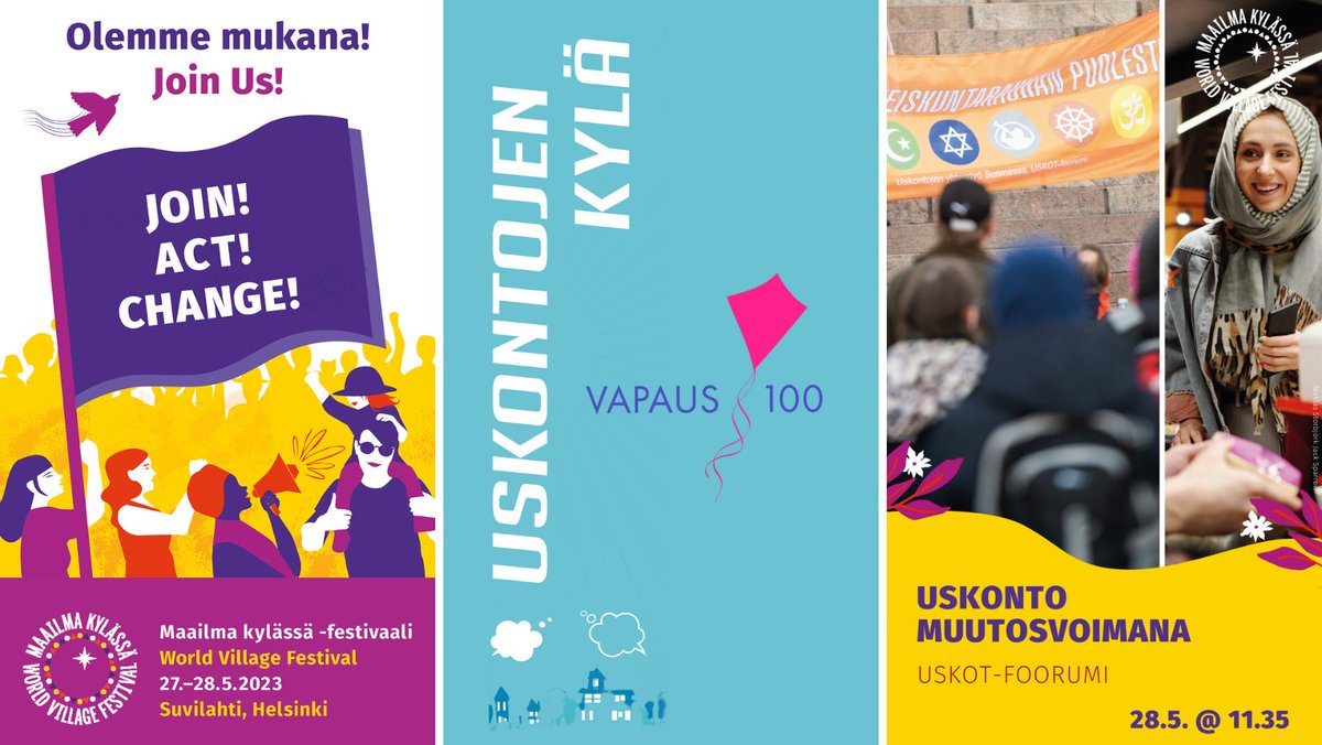 Olemme mukana @maailmakylassa -festivaalilla 27.–28.5. – tule mukaan rakentamaan yhteistä #muutosvoima'a! 🧡 Vapaa pääsy! 🔸 Uskontojen kylä ➡ Lue lisää: facebook.com/events/5505268… 🔸 Uskonto muutosvoimana -puheohjelma, su klo 11.35-11.55 ➡ Lue lisää: facebook.com/events/7881508…