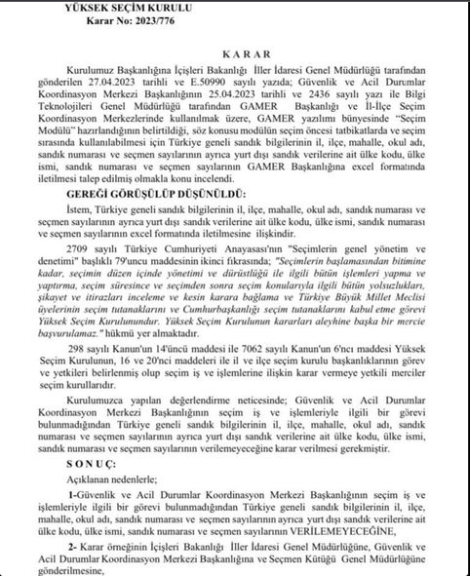 ÖNEMLİ!..

AŞAĞIDAKİ KARAR YÜKSEK SEÇİM KURULU'NA AİTTİR. 

SEÇİM GÜNÜ, OYLARIN SAYIMI DÖKÜMÜ, TUTANAĞA GEÇİRİLMESİ VE NAKLİ İŞLEMLERİNE POLİS ASLA KARIŞAMAZ. 

TÜM İŞLEMLER SADECE VE SADECE YASA İLE YETKİLENDİRİLEN KURULLAR TARAFINDAN YAPILABİLİR. 

BU BELGE YANINIZDA OLSUN