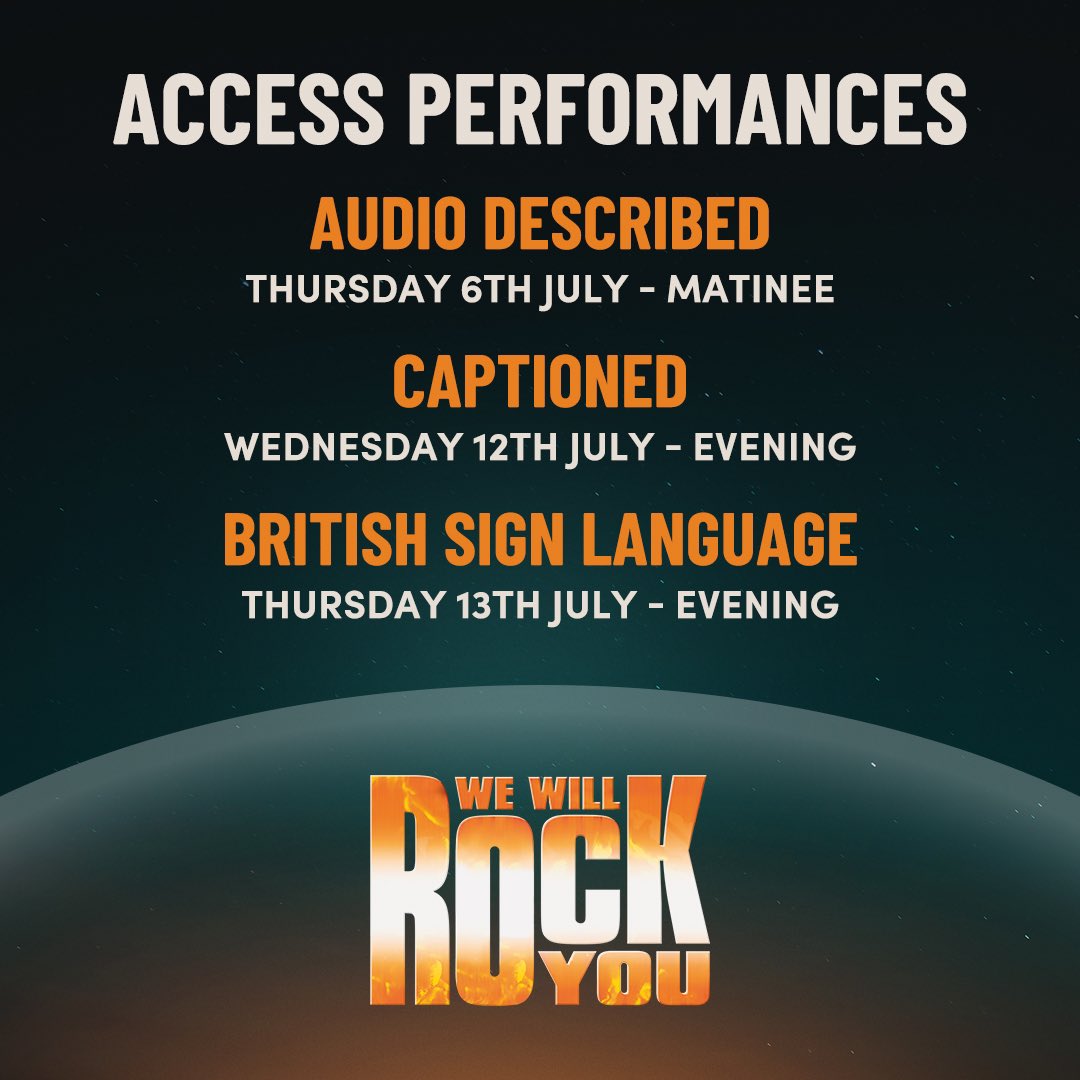 Access performances announced! 🤘🏻 Join us at London Coliseum for the ROCK theatrical's triumphant return 🔥
 
Audio described (vocal eyes): Thursday 6 July matinee
Captioned (stage text): Wednesday 12 July evening
BSL (theatre sign): Thursday 13 July evening