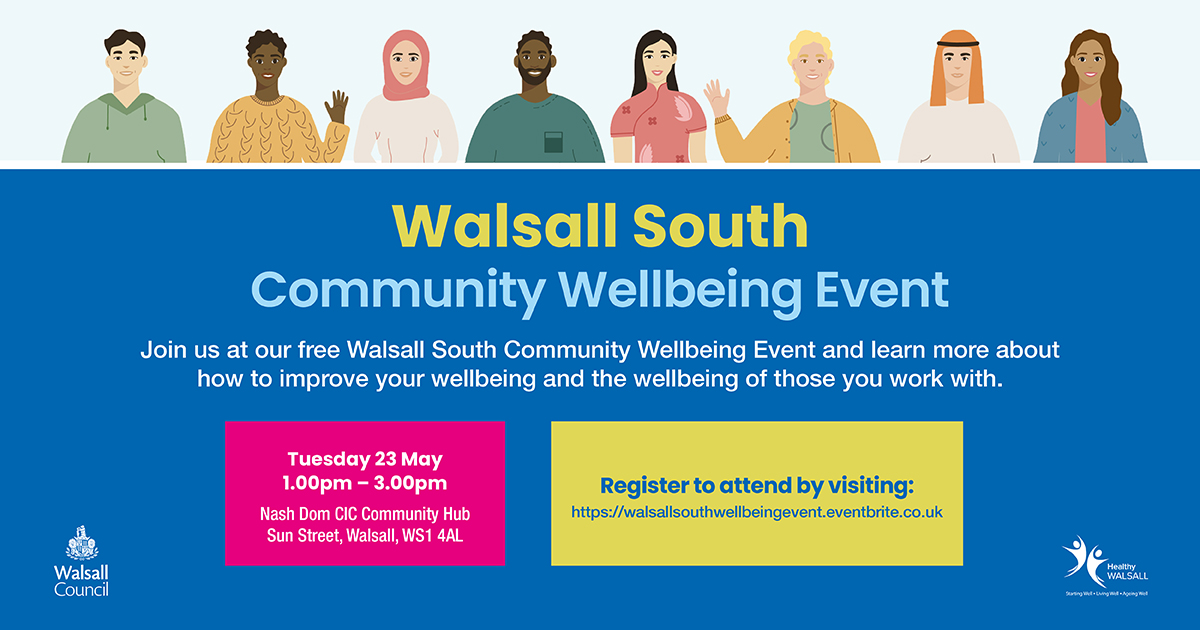 walsallforall's tweet photo. Public Health Walsall invites you to a free #community #wellbeing event in #Walsall South. Open to everyone who works or lives within Walsall.
Tuesday 23 May, 1pm to 3pm #MentalHealthAwarenessMonth #8StepsToWellbeing 
To register visit: https://t.co/qHiN8qPerd @NashDomCIC https://t.co/oYTtmO8JXY