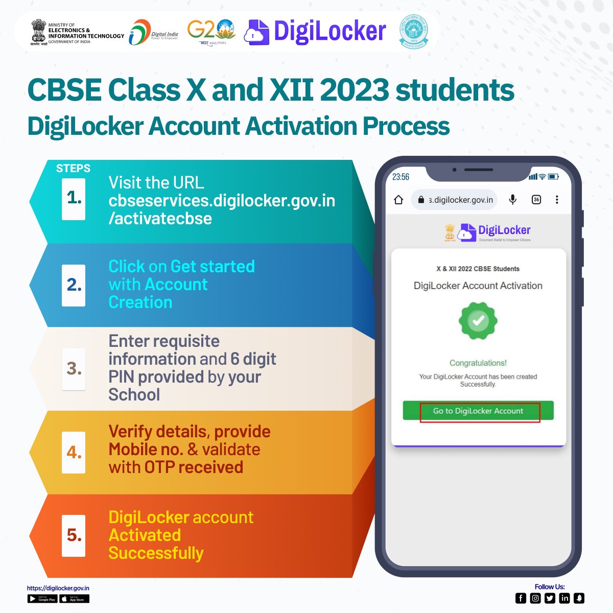 The wait is almost over! #CBSE Class X and XII results for the year 2023 are #ComingSoon, &amp; #DigiLocker platform has made a special set up for hassle-free, access to your digital marksheet.
Students visit the URL cbseservices.digilocker.gov.in/activatecbse and complete the account activation process