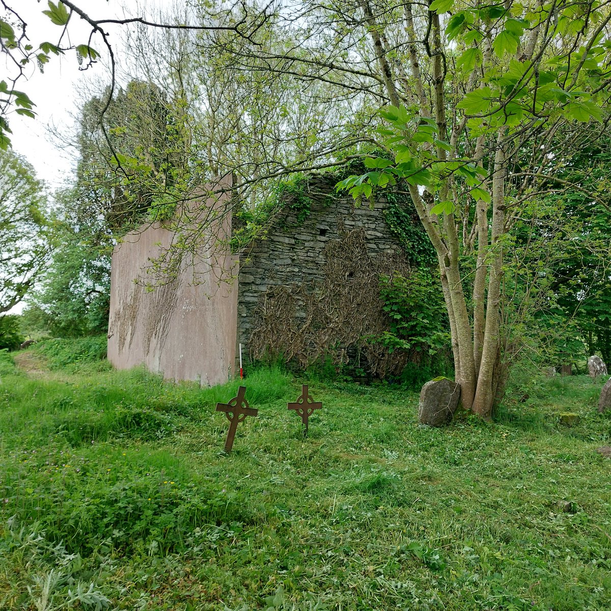 Medieval church ruins at Drinagh, Wexford. Dedicated to St Kevin, much of this nave and chancel church survives intact, including its chancel arch and entrance doorway. Its northern wall, however, was modified in the early 20th century so it could be used as a handball alley
