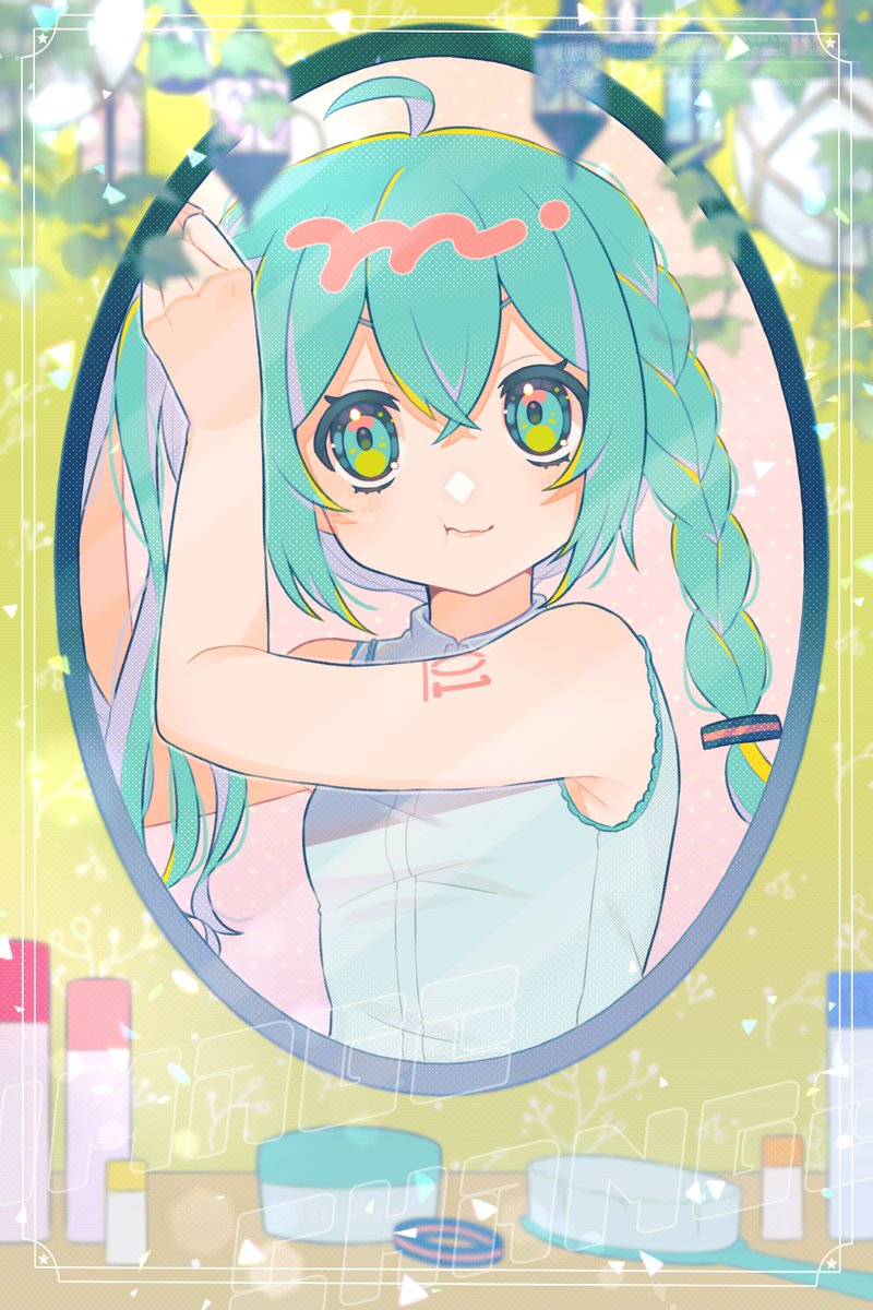 hatsune miku 1girl solo braid mirror long hair sleeveless shirt  illustration images