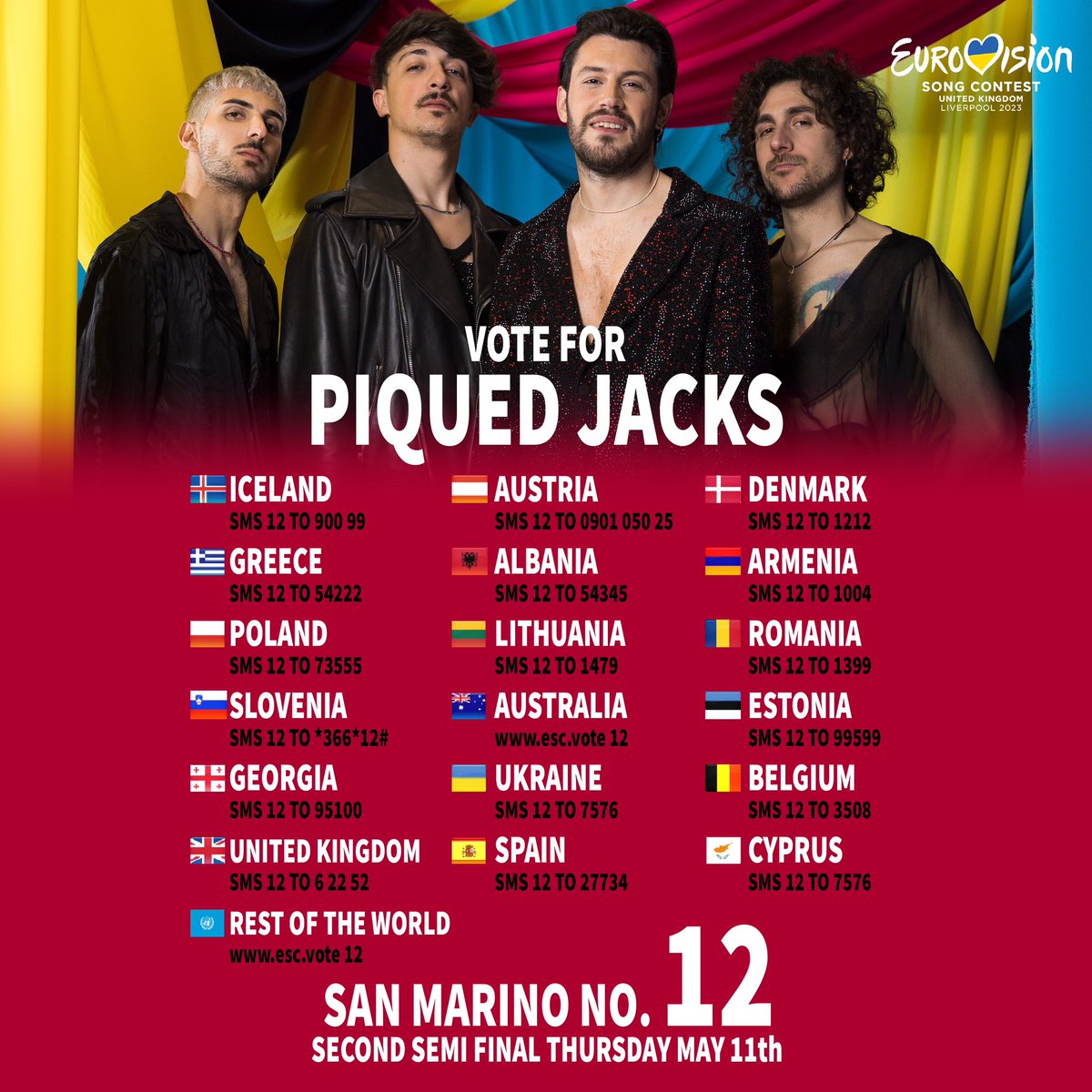 Get ready, tomorrow is THE DAY.
🇸🇲 San Marino, # 12
Tell your friends, we'll need everyone of you.

#eurovision #Eurovision2023 #piquedjacks #sanmarino #unavocepersanmarino #likeananimal #liverpool
