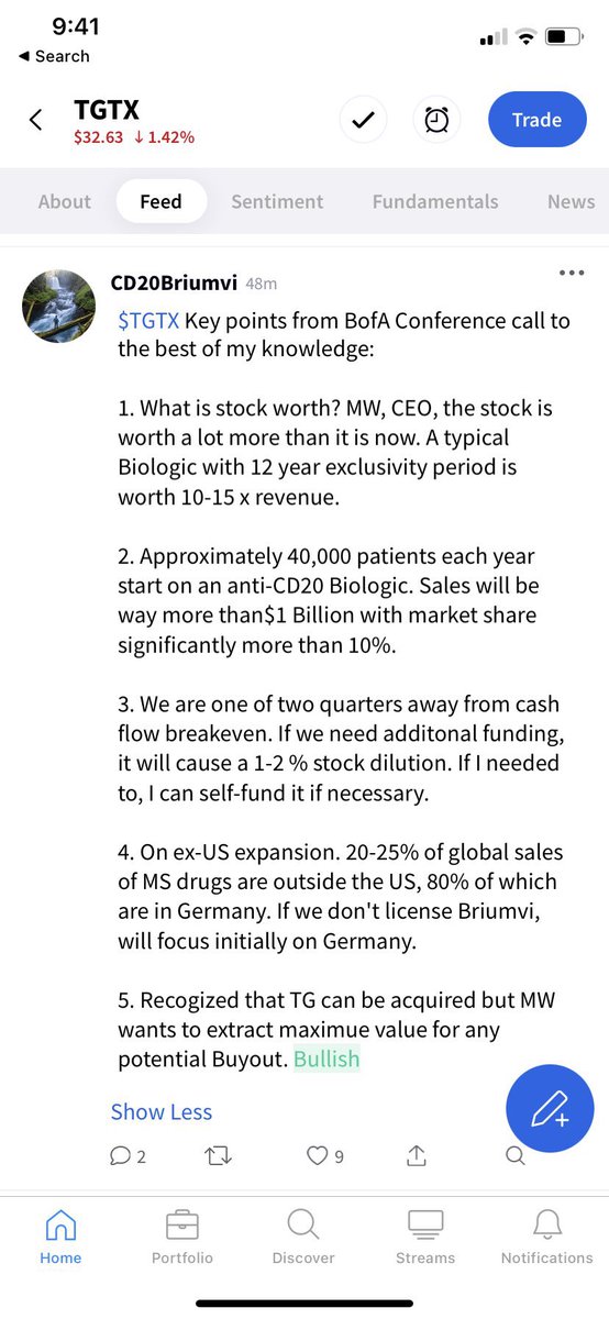 <a href="/semodough/">dough</a> Even $CELG had a sell recommendation before being bought out for $74B. History has a tendency to repeat itself. 

$TGTX CEO outlined the minimum buyout price as being $1B x 10 = $10B (~$70 per share). If peak revenues hit above $2B and a multiple of x15 is applied =$30B (~$210)