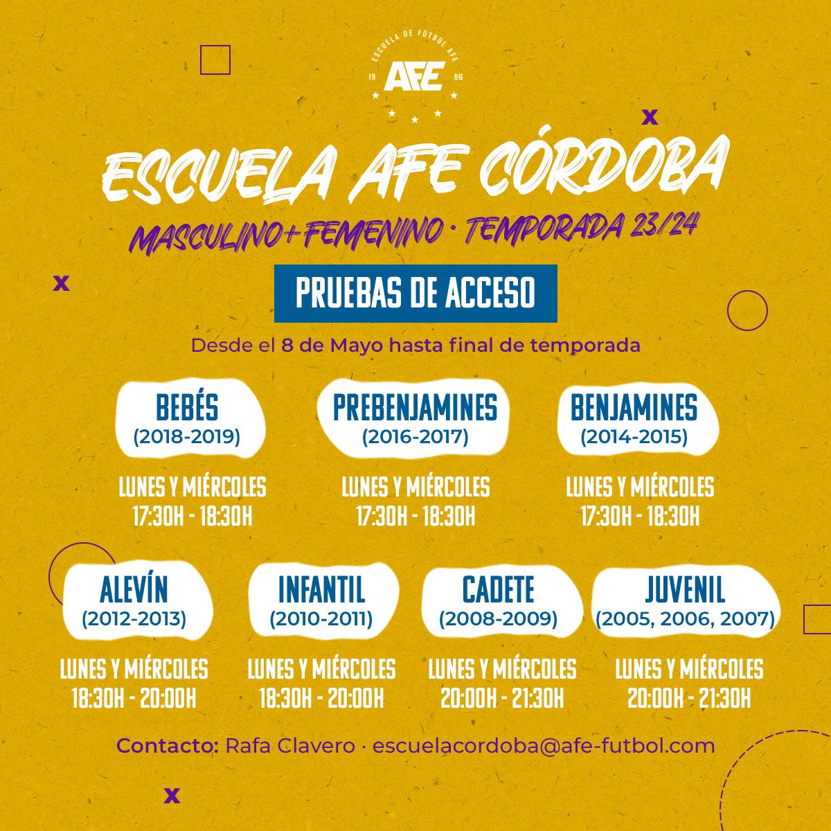 ‼️ PREINSCRIPCIONES Y PRUEBAS DE ACCESO ‼️

⚽️ ¡Abierto el plazo de preinscripciones para las Escuelas de Fútbol AFE en Córdoba para la temporada 2023/2024!

📝Rellena el formulario, déjanos tus datos y te informaremos para que vengas los días indicados. 

docs.google.com/forms/d/e/1FAI…
