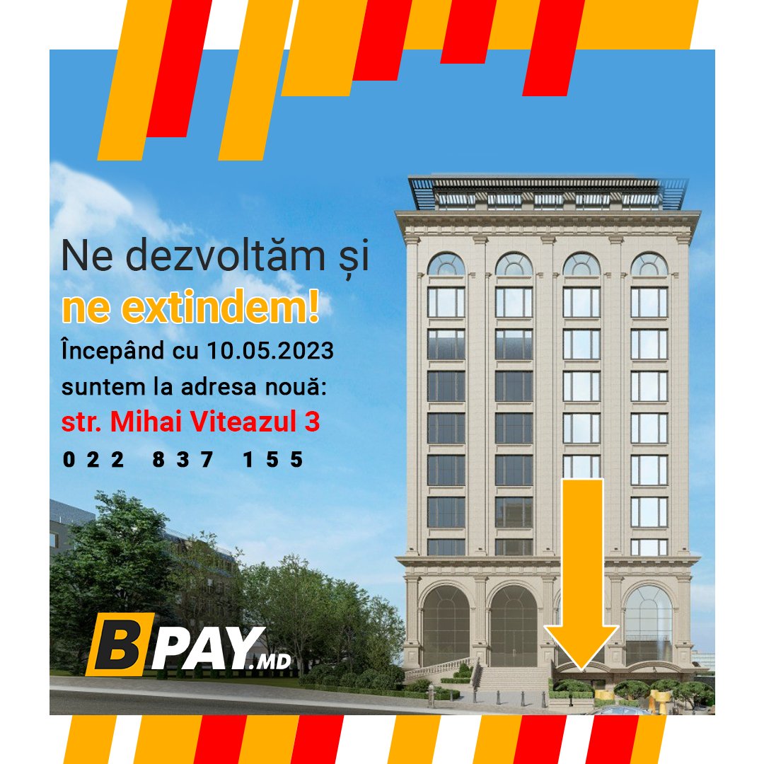 Bpay_SRL's tweet photo. BPAY  și-a schimbat locația!

Suntem încântați să anunțăm extinderea companiei și vă invităm în oficiul nostru nou, din 10.05.2023 pe str. Mihai Viteazul 3.

Vă așteptăm cu drag!

Contactați-ne pentru informații:
📲 https://t.co/veaiwFDqUc 
📞 022 837 155 https://t.co/mnZHd3Dvvl
