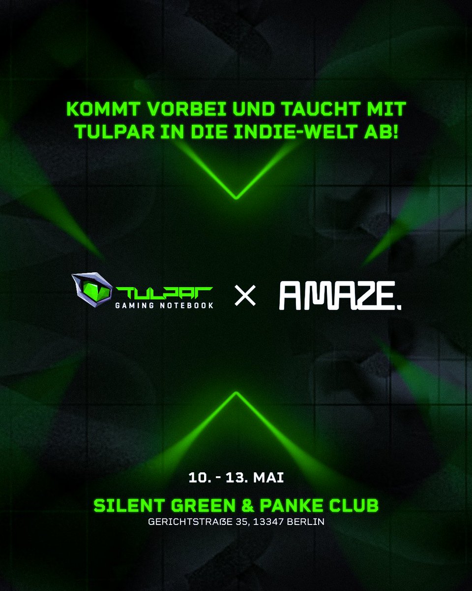 Heute geht's los: @AMazeFest in Berlin!

Erlebe Spiele- und VR-Schöpfer, digitale Künstler, Musiker und andere spielerische Kreative aus verschiedenen Ländern ... sowie natürlich die beste Hardware live vor Ort!

#tulparnotebook #arthousegames #indie #playfulmedia #AMaze2023