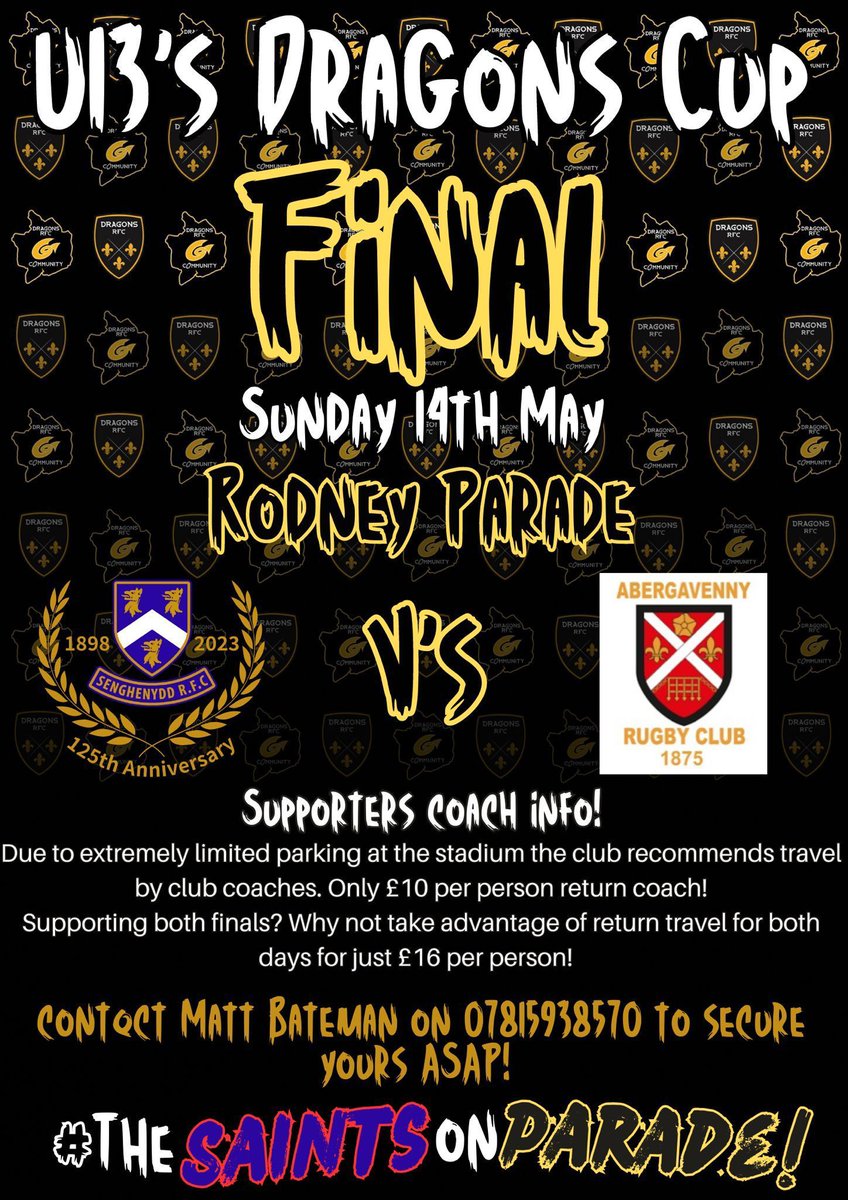 Come and support The Under 13’s and Under 15’s teams on Final Day at Rodney Parade Saturday 13th and Sunday 14th May.

FireRite are proud to support grass roots and local communities.

#srw72 #myclubmyfamily #dragonscup #futuredragons #thesaintsonparade