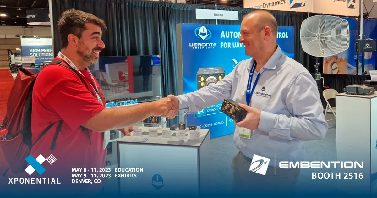 embention's tweet photo. Starting the second day at #Xponential2023! Have you not visited us yet? Come to booth 2516 and let Embention's sales team advise you to discover all the advantages of Veronte autopilot and motor controllers. #AAM #UAM #VTOL #VeronteAutopilot #motorcontroller #Xponential2023 https://t.co/HC2bGBvu2n