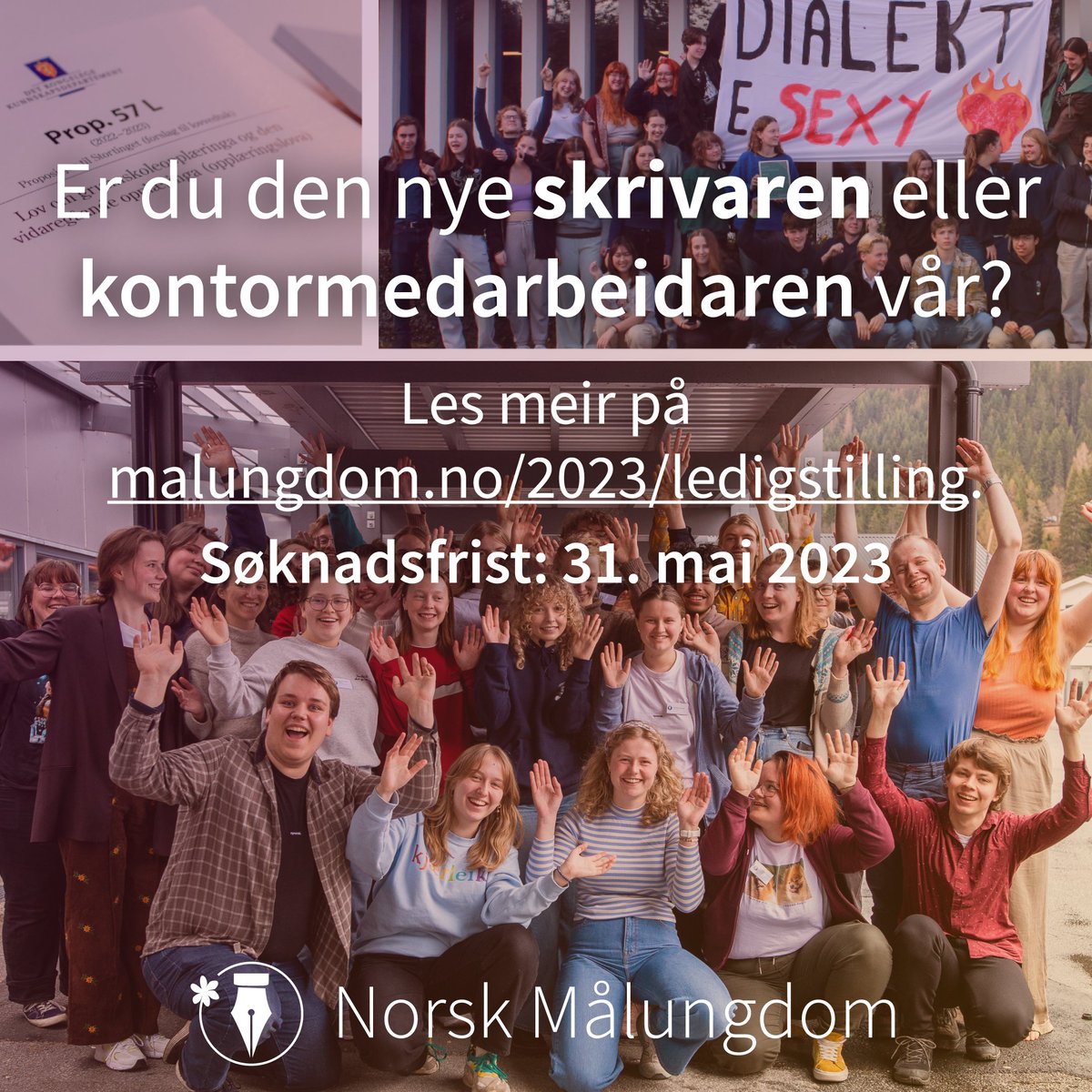 Norsk Målungdom søkjer ny skrivar / dagleg leiar (100 prosent) og kontormedarbeidar (50 prosent)! Kan dette vera noko for deg? Les meir om stillingane her: malungdom.no/2023/ledigstil…