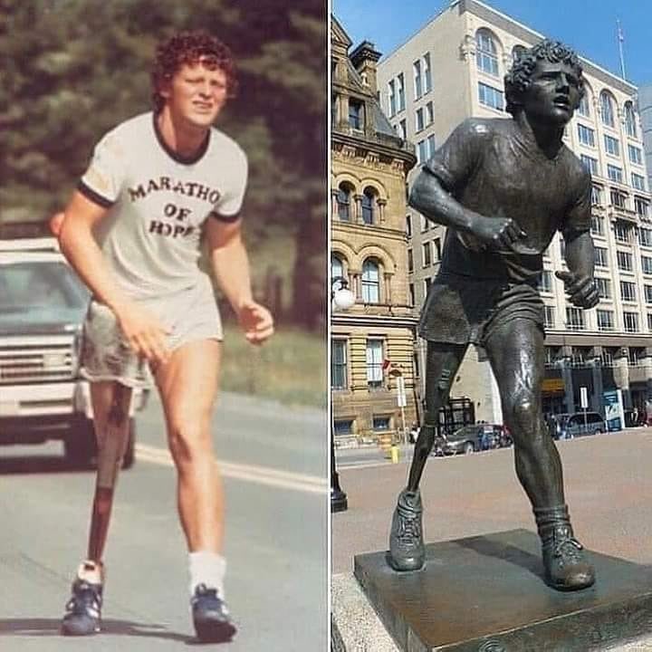Terry Fox, un paciente con cáncer que corrió 5373 kilómetros a través de Canadá en solo 143 días, antes de morir. El propósito de su carrera fue recolectar donaciones para la investigación del cáncer.

🔴 Como resultado se recaudaron más de 24 millones de dólares.