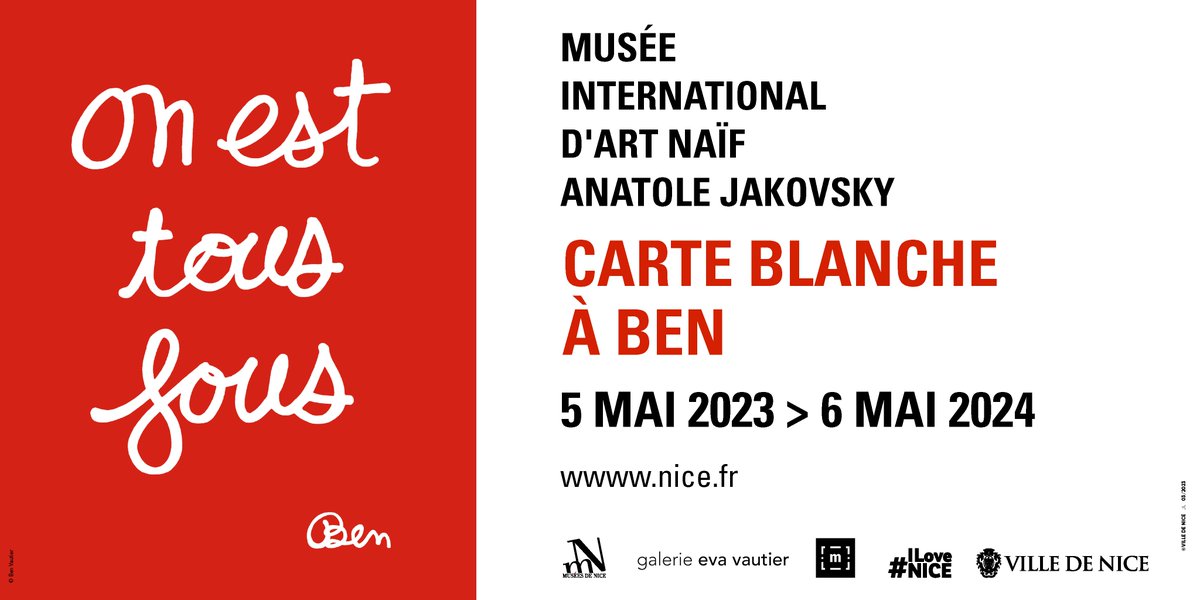⬜️ Découvrez la carte blanche de Ben qui investit plus les 500 m2 du musée Anatole Jakovsky, habituellement dédié à l’art naïf, brut et singulier avec affection et humour jusqu'au 6 mai 2024 🎨 👉 nice.fr/fr/l-agenda/on… #ILoveNice #Nice06
