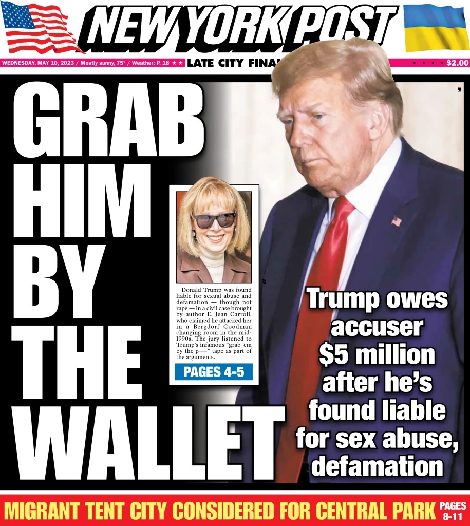 New York Post on Twitter: "Today's cover: Jurors reach verdict in E. Jean Carroll's rape case against Donald Trump https://t.co/mtw5jLH323 https://t.co/P6WwEPyW6C" / Twitter