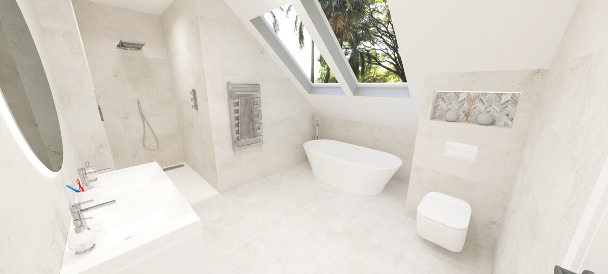 ECorbettDesign's tweet photo. Working with Porcelanosa to redesign an attic bathroom in a Dundee Home.

Natural coloured tiles, feature mosaics and velux window to create a relaxing atmosphere.

The following images were created using DOMUS 3D.

#design #bathroomdesign #porcelanosa #interiordesign #DOMUS3D https://t.co/YZH2naYcPm