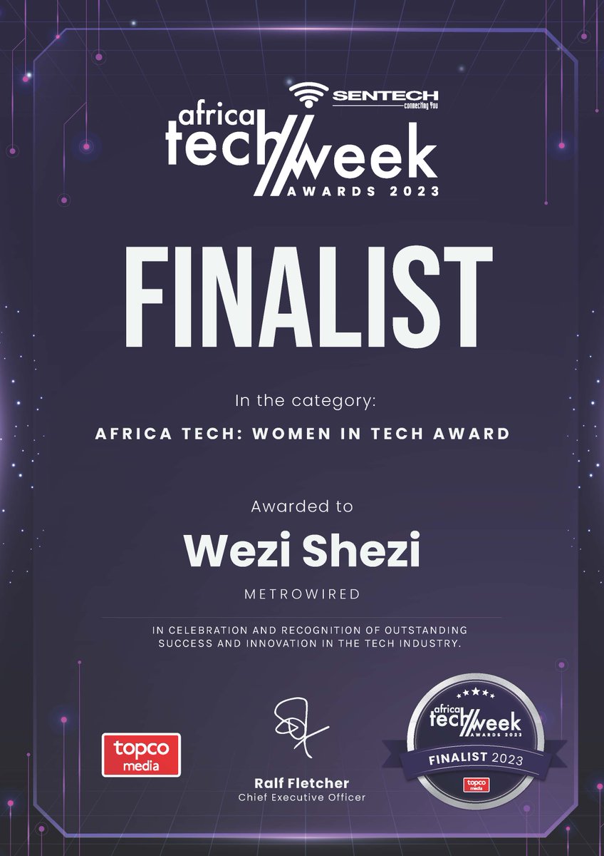#MetroWired- proud 2023 finalist in 3 categories at <a href="/AfricaTechWeek/">Sentech Africa Tech Week</a>  
1. Technology Innovation of the Year Award
2. Public Sector Digital Innovator Award
3. Women in Tech Award (Wezi Shezi) #InnovationForPurpose
