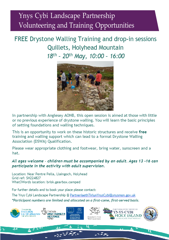 FREE: Drystone walling training in May. Join Kehoe Countryside to learn traditional skills and help protect the unique Quillet field system of Mynydd Twr. <a href="/angleseycouncil/">Isle of Anglesey County Council</a> <a href="/HeritageFundUK/">The National Lottery Heritage Fund</a> <a href="/Talkholyhead/">Holyheads Local Conversation</a>  <a href="/TownHolyhead/">Holyhead Town Council</a> @HHMaritime @WildBoathouse <a href="/RSPBSouthStack/">RSPB South Stack</a> <a href="/MedrwnMon/">Medrwn Môn</a> @CGD_Mon