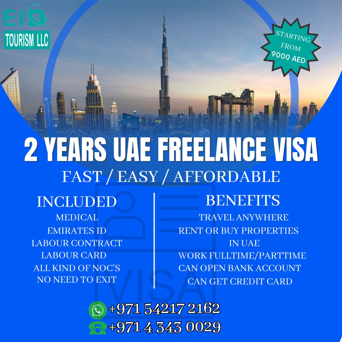 2 years Freelance Visa: 
Includes:
• Emirates ID.
• Medical.
• Visa stamping and change status. 
• NOC letter and salary certificate.
#freelancevisa #dubaivisa #dubai #employment #jobs #JobinUAE #tourism #eidtourism